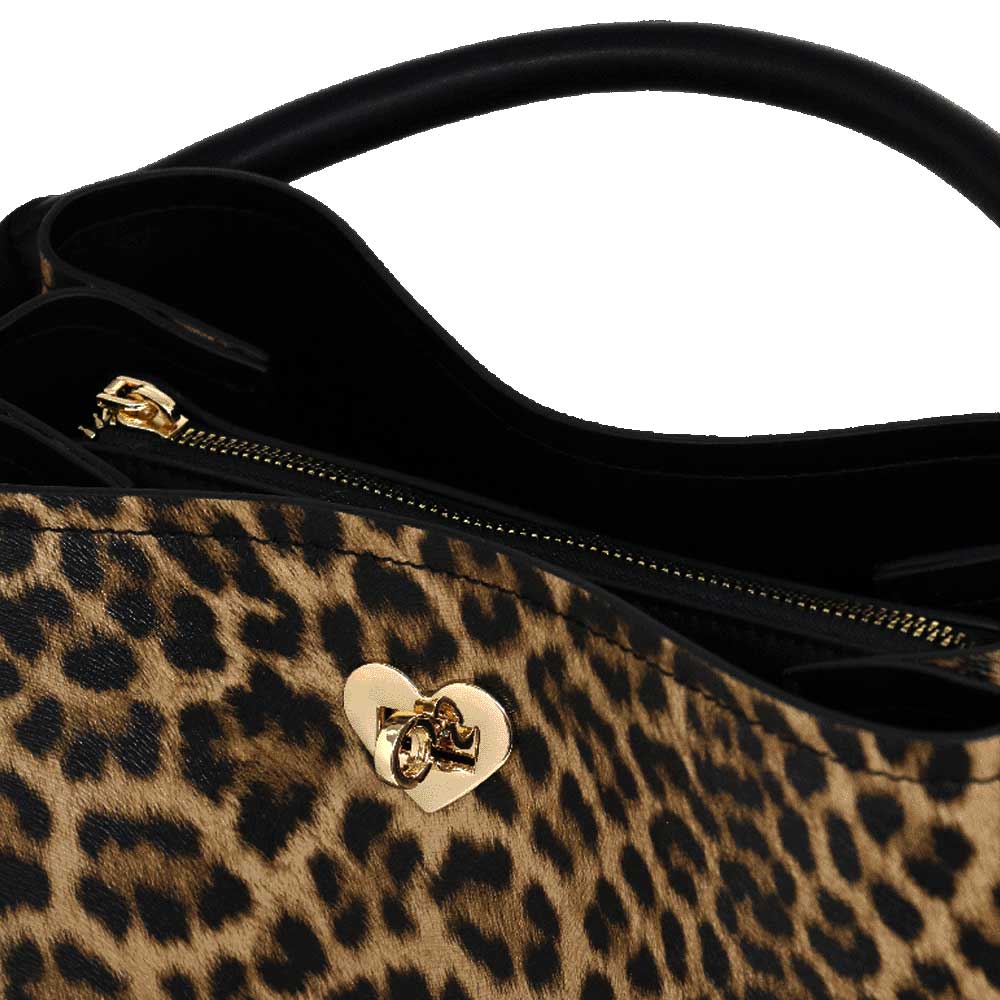 Camomilla Milano | Borsa a Mano Jill Leopardata Nera con Cuore