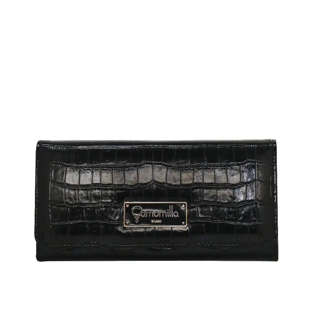 Camomilla Milano | Portafoglio L Flap Nice Wallet Nero | Effetto Croco Lucido