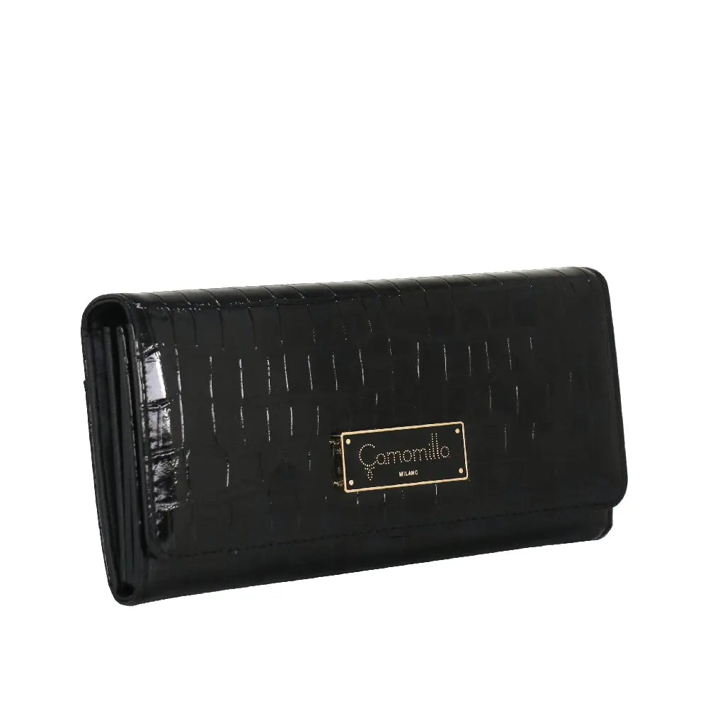 Camomilla Milano | Portafoglio L Flap Nice Wallet Nero | Effetto Croco Lucido