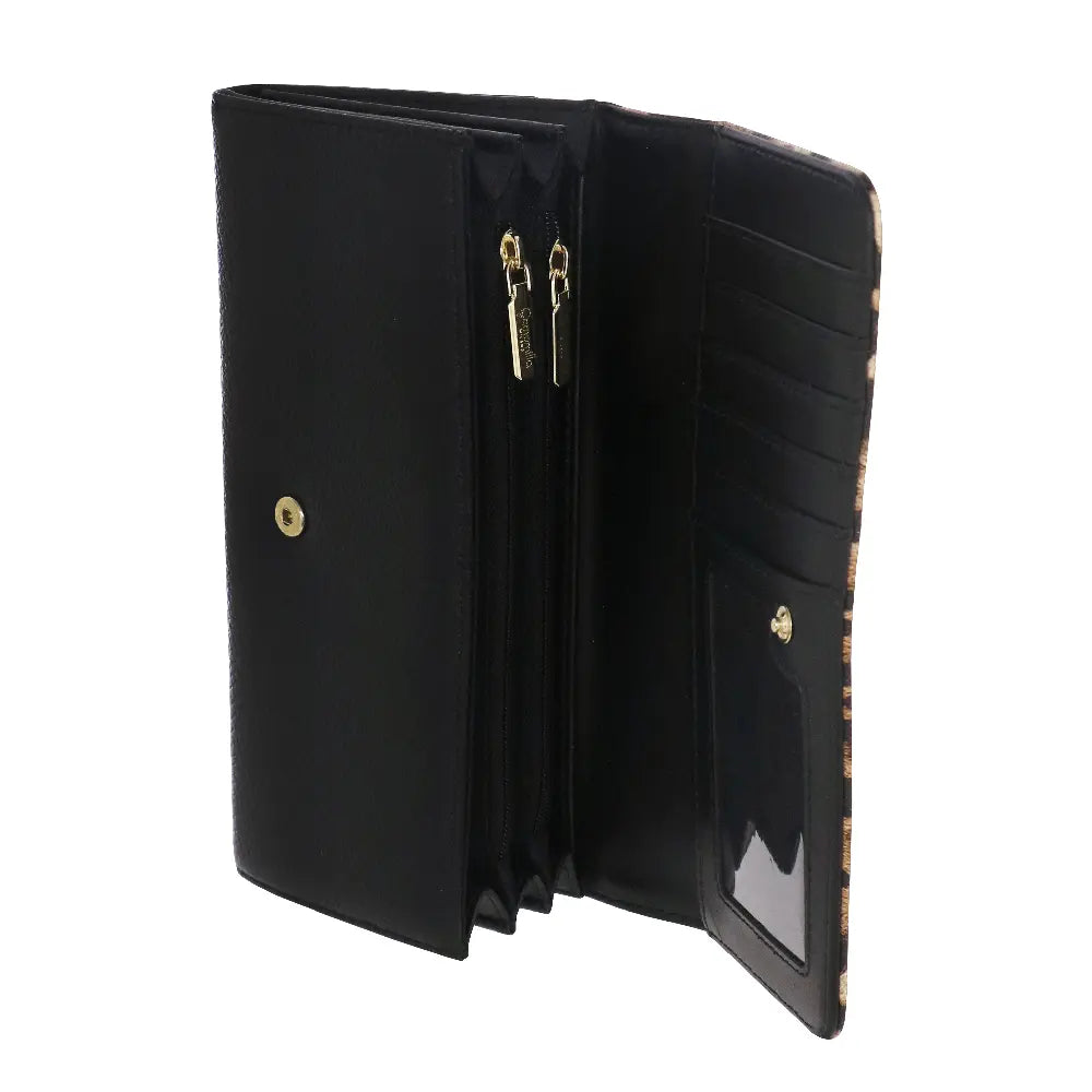 Camomilla Milano | Portafoglio L Flap Nice Wallet Nero e Leopardato | Effetto Pelle Martellata