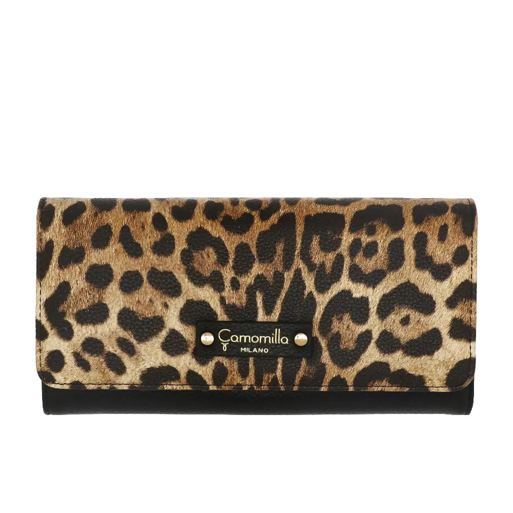 Camomilla Milano | Portafoglio L Flap Nice Wallet Nero e Leopardato | Effetto Pelle Martellata