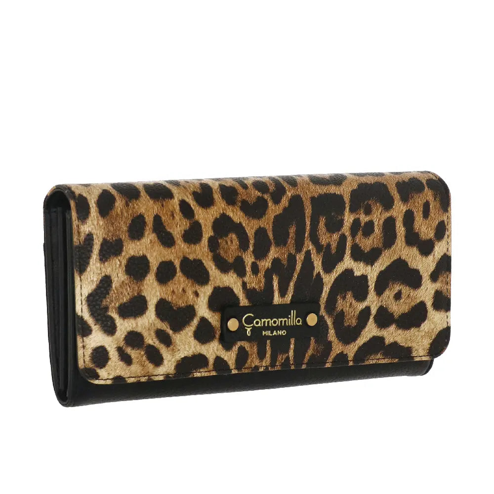 Camomilla Milano | Portafoglio L Flap Nice Wallet Nero e Leopardato | Effetto Pelle Martellata