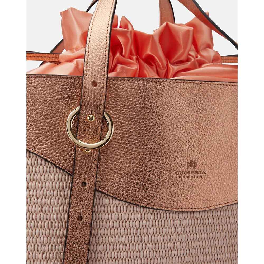 Cuoieria Fiorentina | Shopper Grande Amber in Raffia e Pelle | Pesca