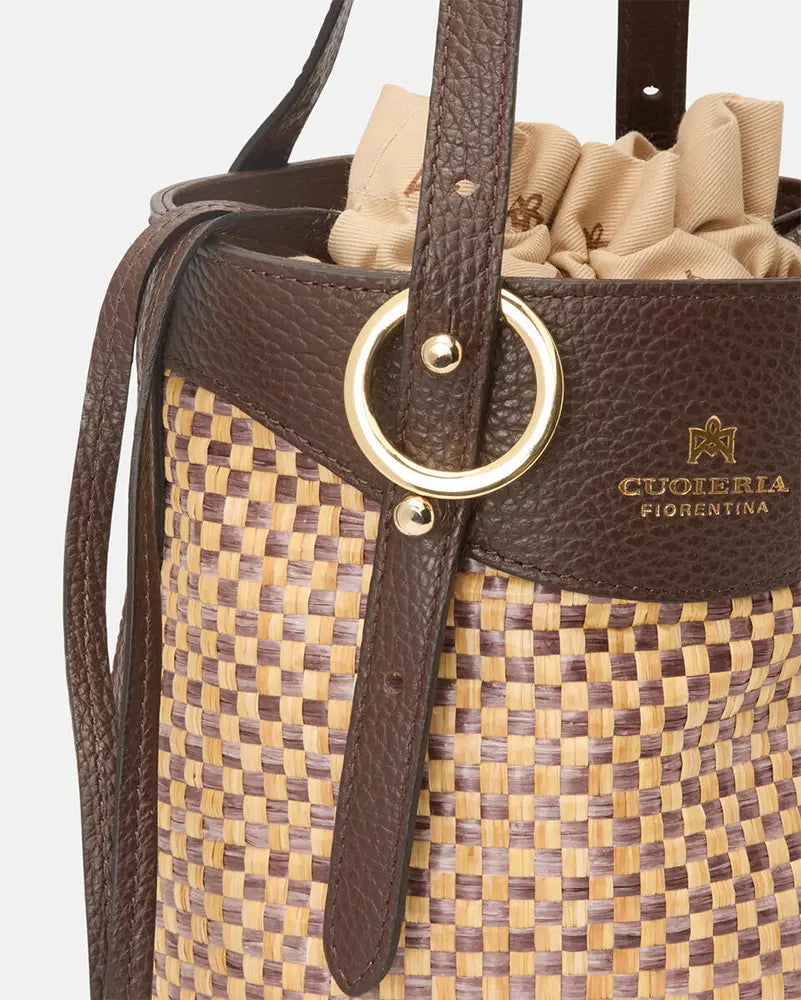 Cuoieria Fiorentina | Secchiello Piccolo Amber in Rafia e Pelle | Cioccolato
