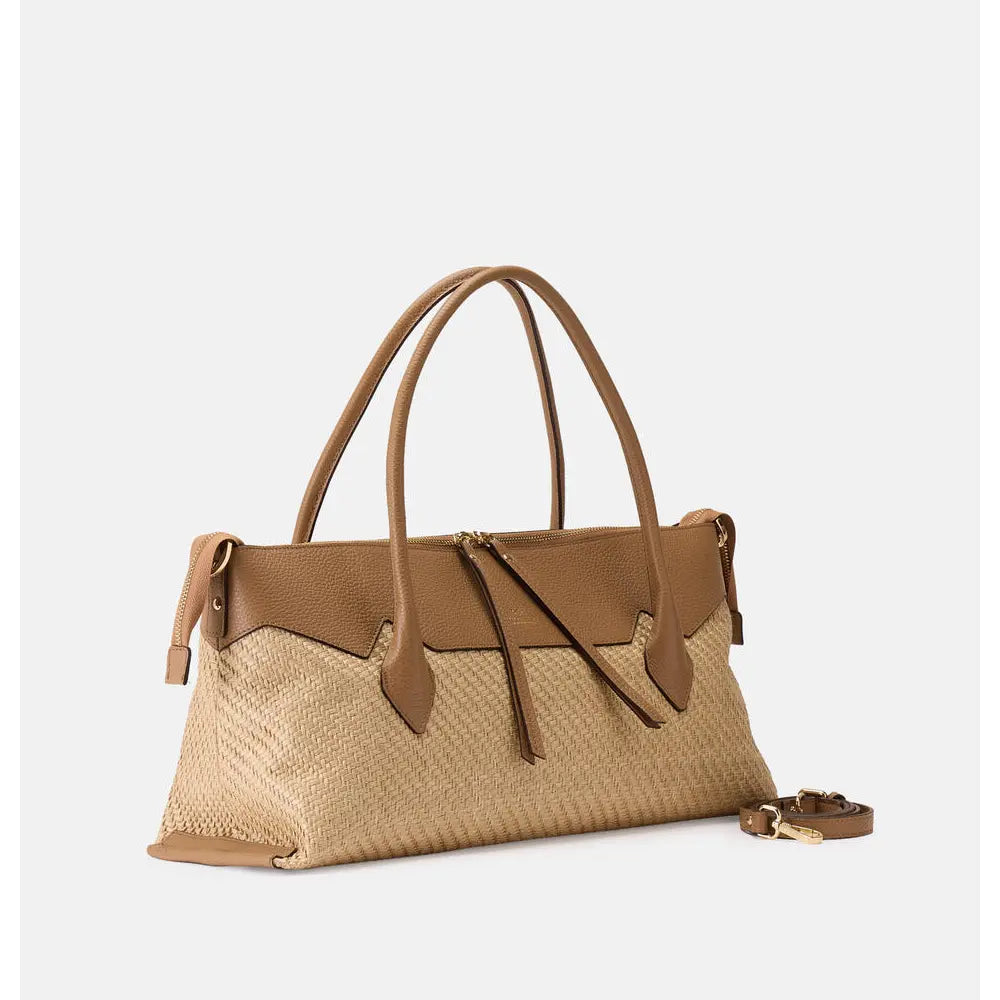Cuoieria Fiorentina | Shopping Bag Holly In Rafia E Vera Pelle | Desert Made In Italy