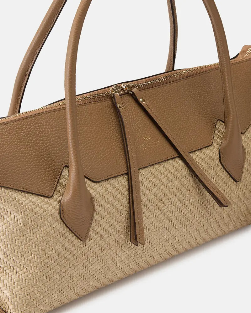 Cuoieria Fiorentina | Shopping Bag Holly In Rafia E Vera Pelle | Desert Made In Italy