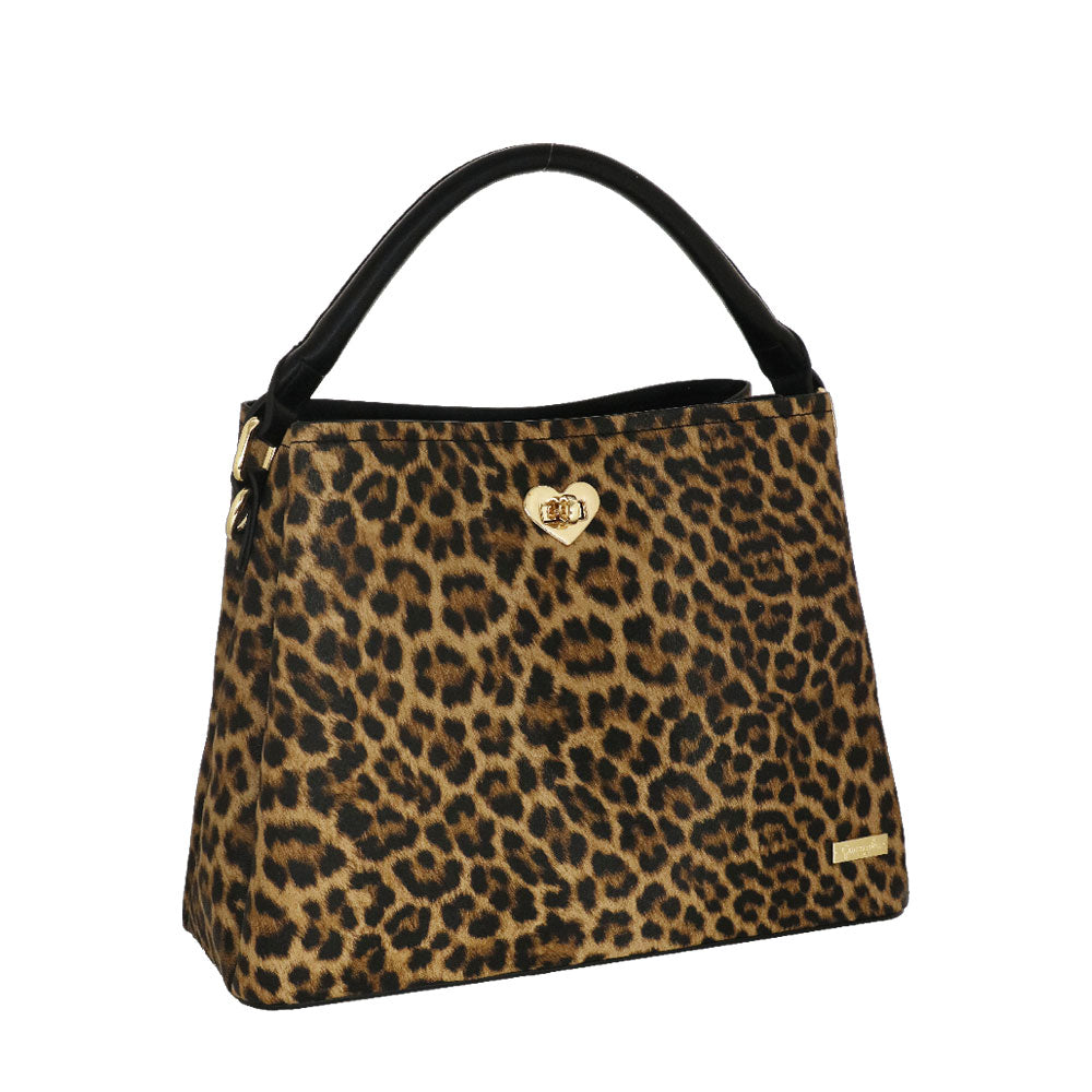 Camomilla Milano | Borsa a Mano Jill Leopardata Nera con Cuore