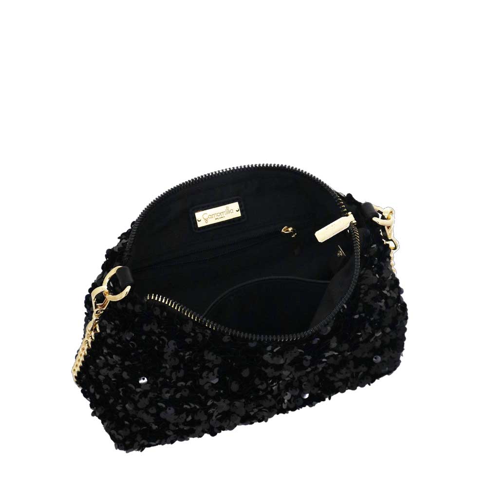 Camomilla Milano | Mini Bag Paillettes Nera con Manico a Catena