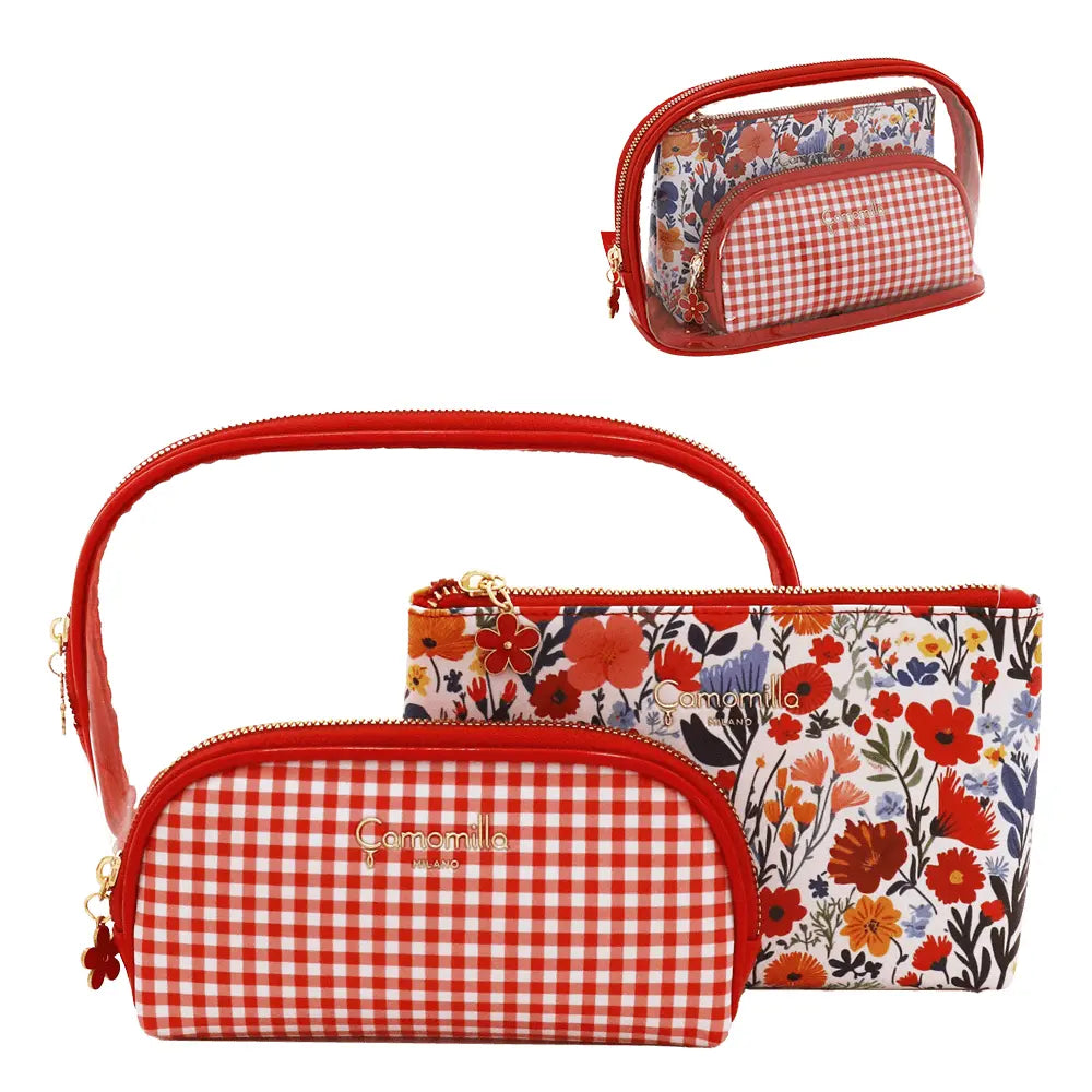 Camomilla Milano | Set Trousse 3 Pezzi Sweet Bloom Rosso | Beauty Case Trasparente e Floreale